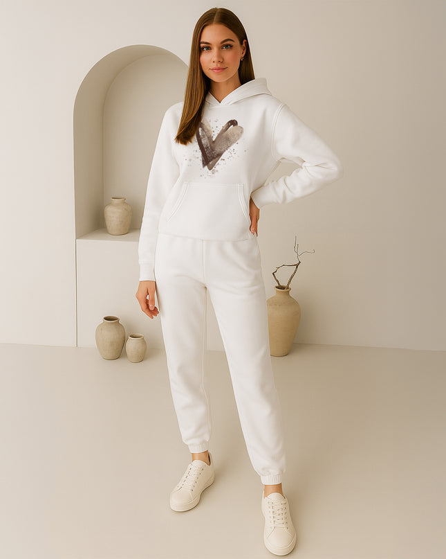 Beige Scattered Hearts Printed Hooded Tracksuit Adult