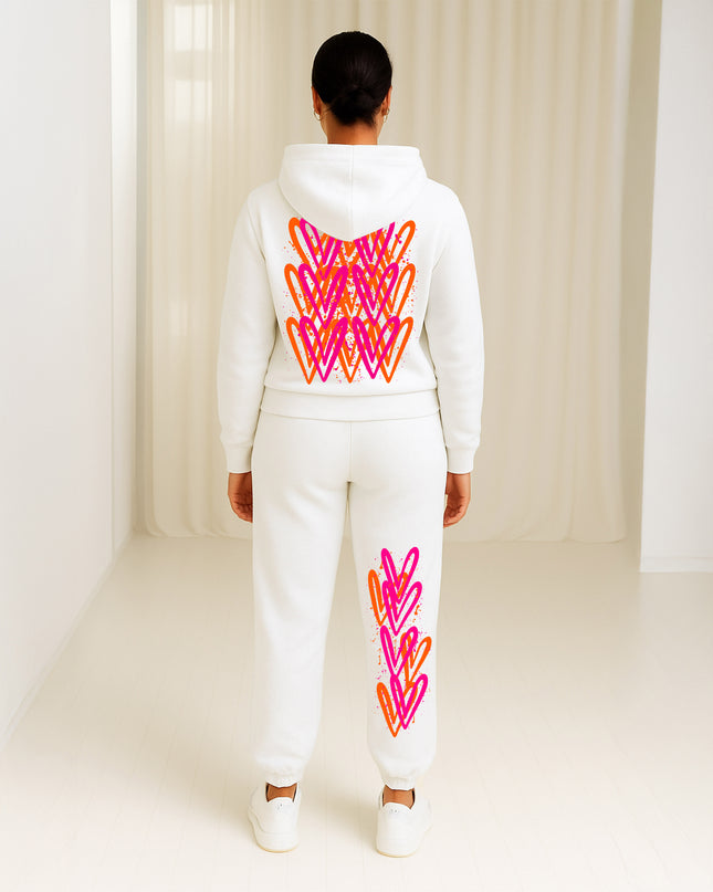 Neon Pink & Orange Hearts Printed Hooded Tracksuit Adult