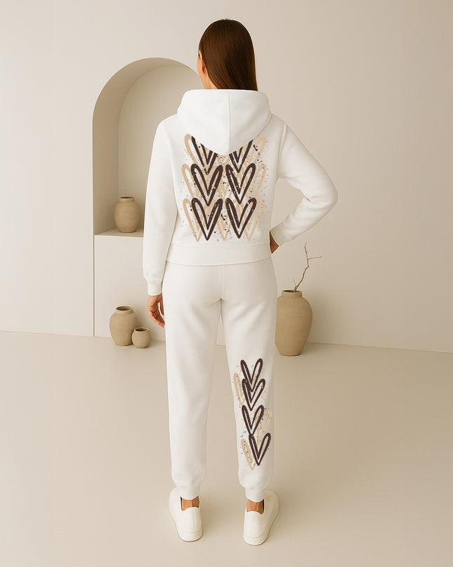 Beige Hearts Printed Hooded Tracksuit Adult
