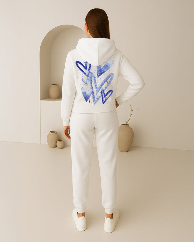 Blue Scattered Hearts Printed Hooded Tracksuit Adult