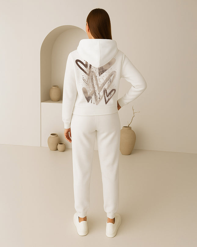 Beige Scattered Hearts Printed Hooded Tracksuit Adult