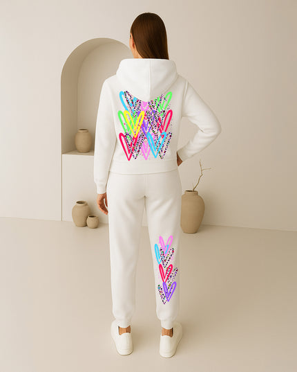 Bright Multi Colour Leopard Print Hearts Printed Hooded Tracksuit Adult