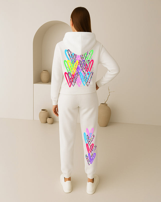 Bright Multi Colour Leopard Print Hearts Printed Hooded Tracksuit Adult