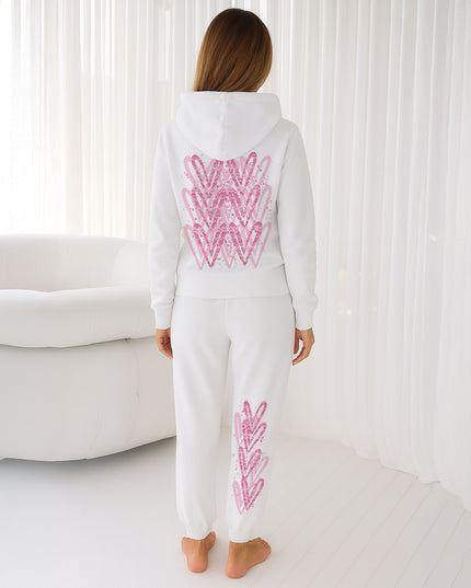 Pink Zig Zag Hearts Printed Hooded Tracksuit Adult