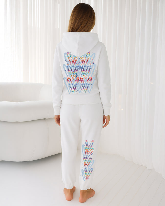 Multi Colour Zig Zag Hearts Printed Hooded Tracksuit Adult