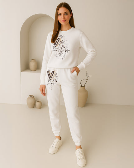 Beige Hearts Printed Sweatshirt Tracksuit Adult
