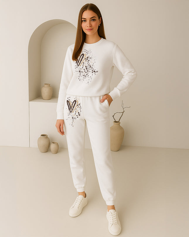 Beige Hearts Printed Sweatshirt Tracksuit Adult
