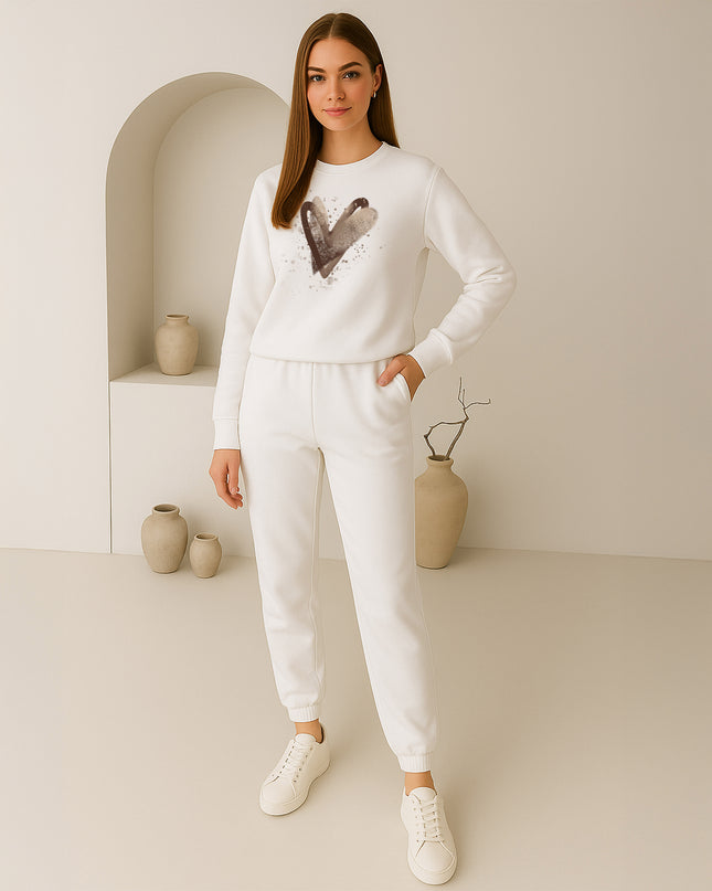 Beige Scattered Hearts Printed Sweatshirt Tracksuit Adult