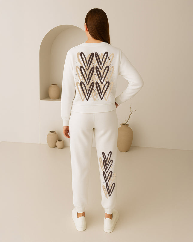 Beige Hearts Printed Sweatshirt Tracksuit Adult