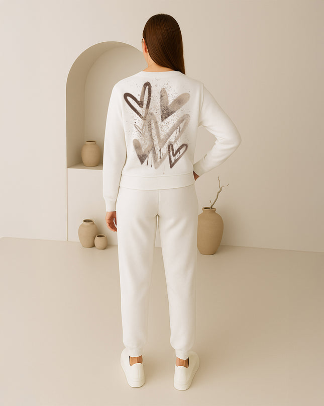 Beige Scattered Hearts Printed Sweatshirt Tracksuit Adult