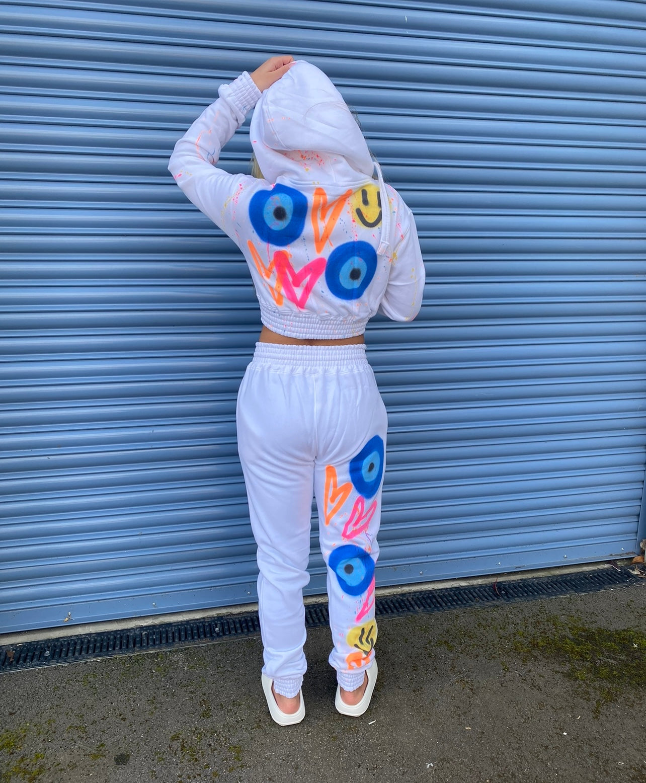 Evil Eye/Smiley Cropped Zip Hooded Tracksuit White