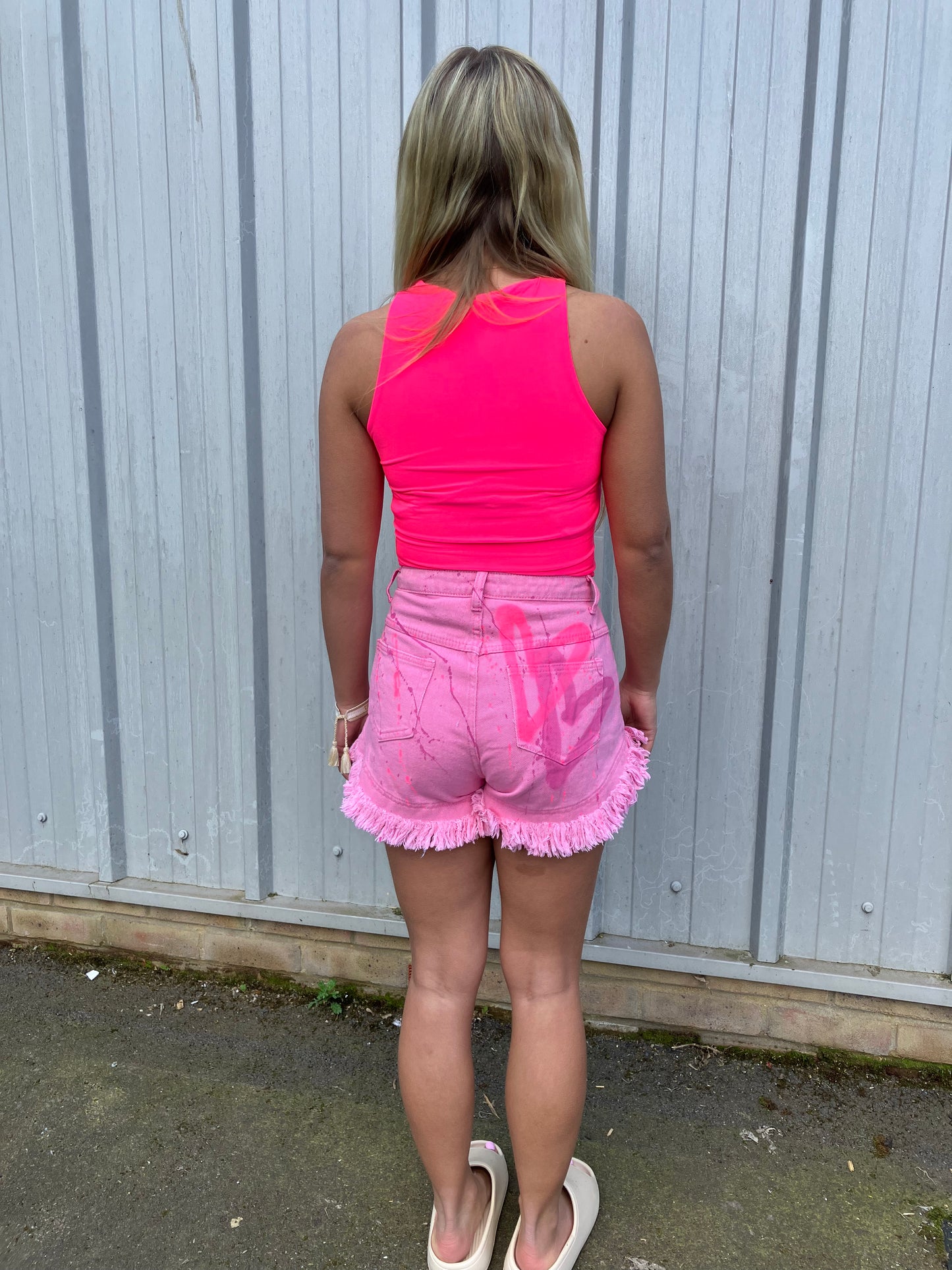 Denim Pink Heart Sprayed Shorts